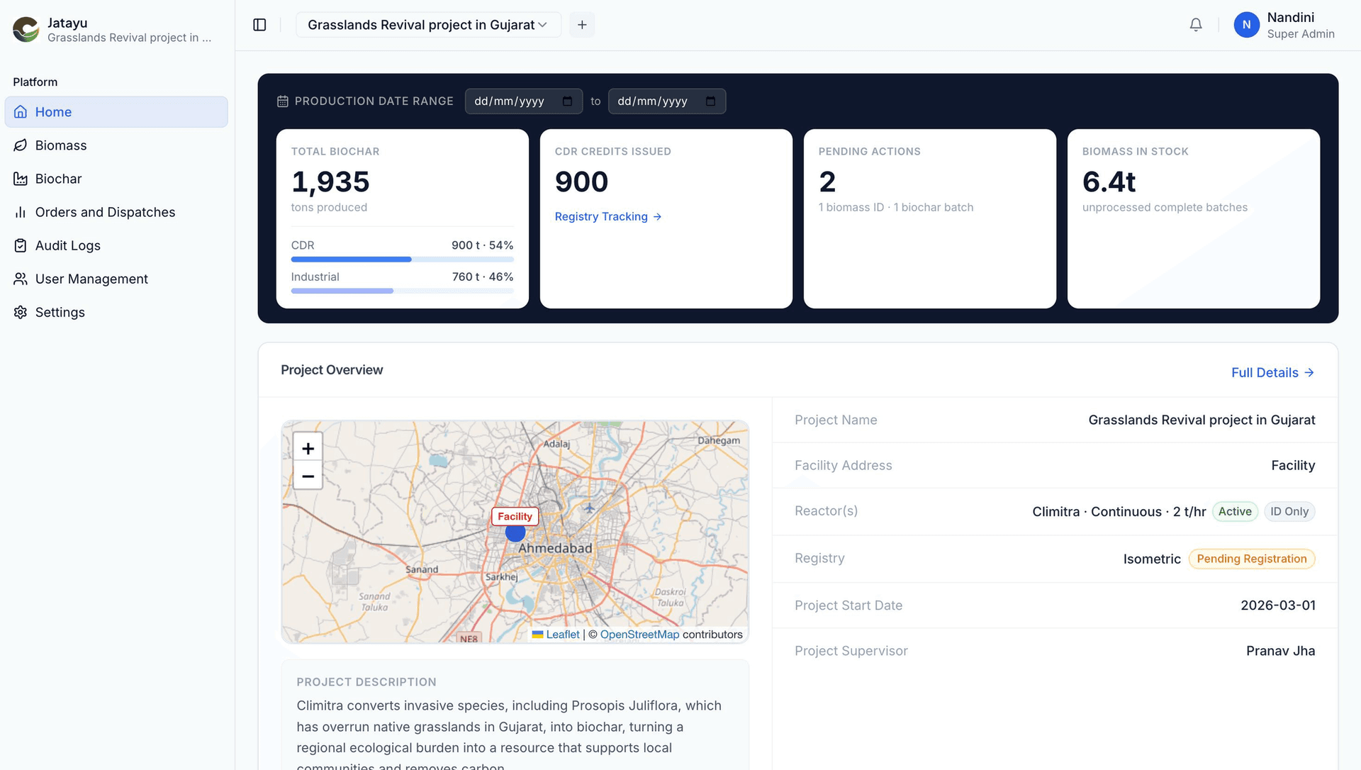 Climitra dMRV platform showing production data, CDR credits, and project overview